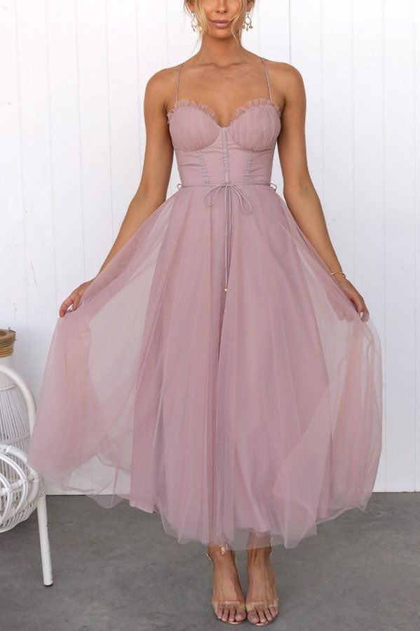 Women's Summer Corset Midi Dress with Tulle Skirt and Spaghetti Straps