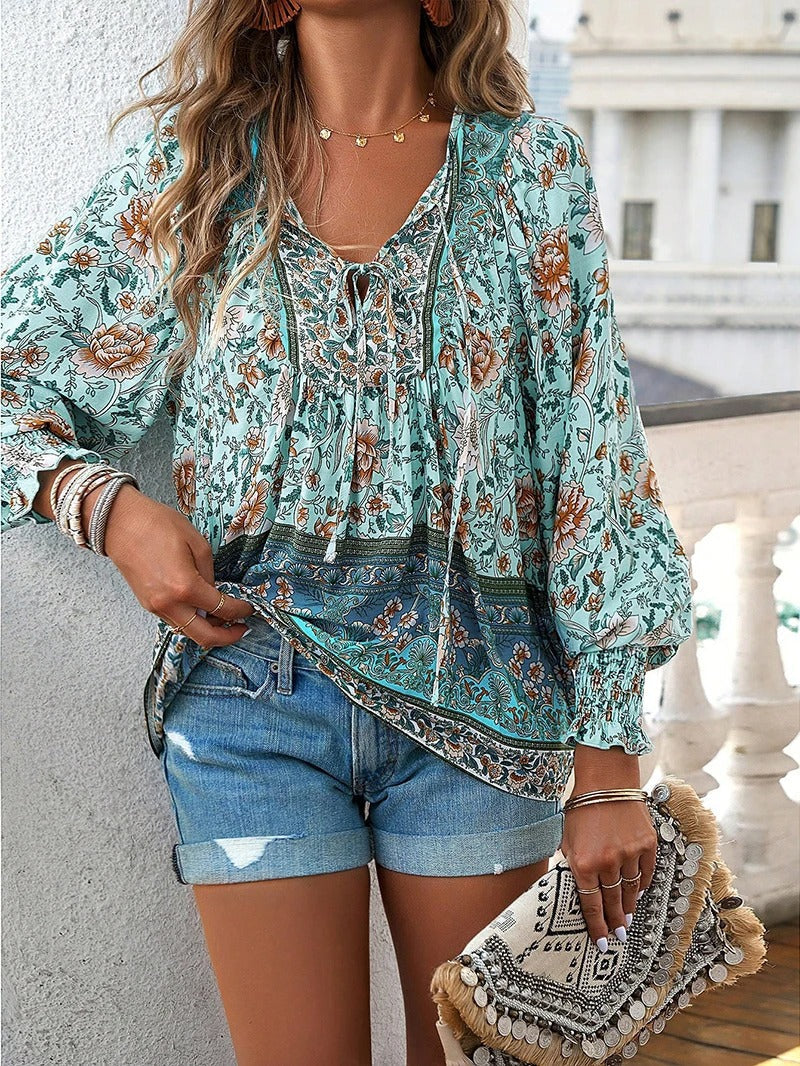 Women's Summer Floral Blouse with V-neck and Long Sleeve