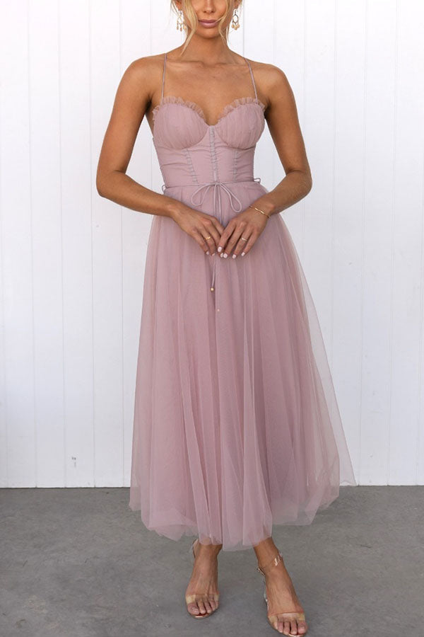 Women's Summer Corset Midi Dress with Tulle Skirt and Spaghetti Straps