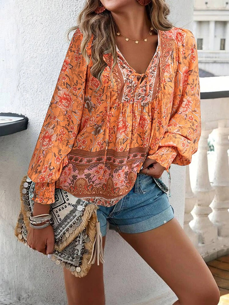 Women's Summer Floral Blouse with V-neck and Long Sleeve