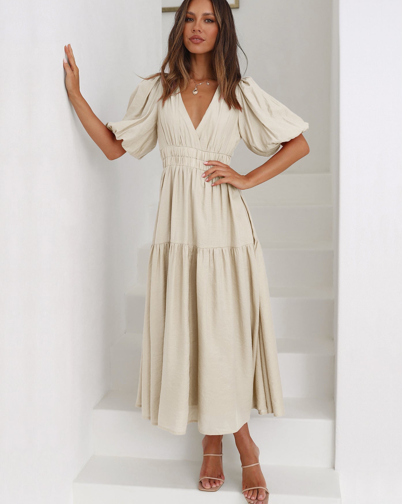 Women's Summer Maxi Dress with V-neck and Elastic Waist