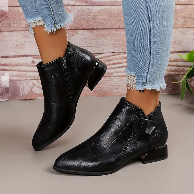 Women's Vegan Leather Ankle Boots With Side Buckle and Zipper