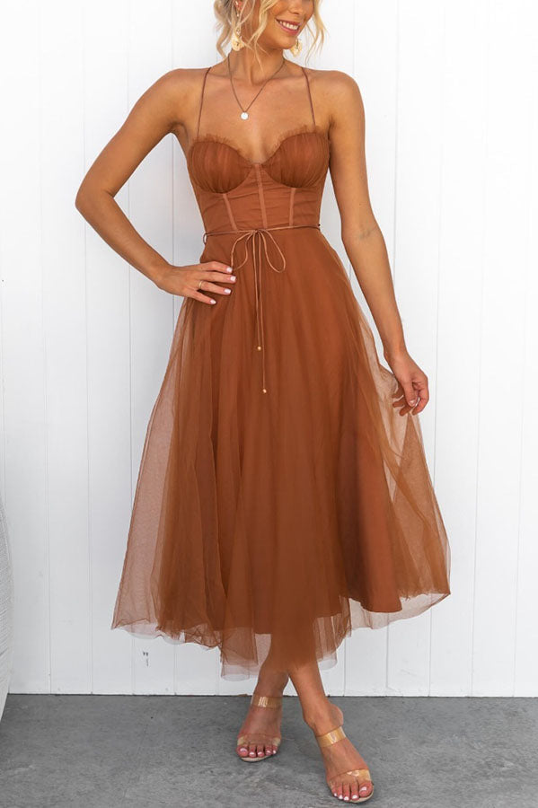 Women's Summer Corset Midi Dress with Tulle Skirt and Spaghetti Straps