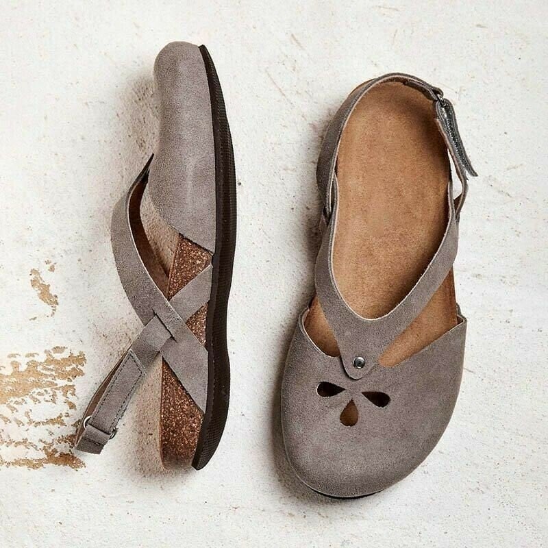 Women's Summer Suede Flat Sandals with Cutout Detail and Cross Straps