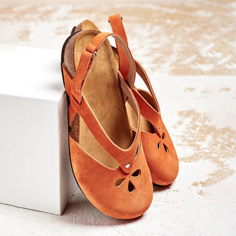 Women's Summer Suede Flat Sandals with Cutout Detail and Cross Straps