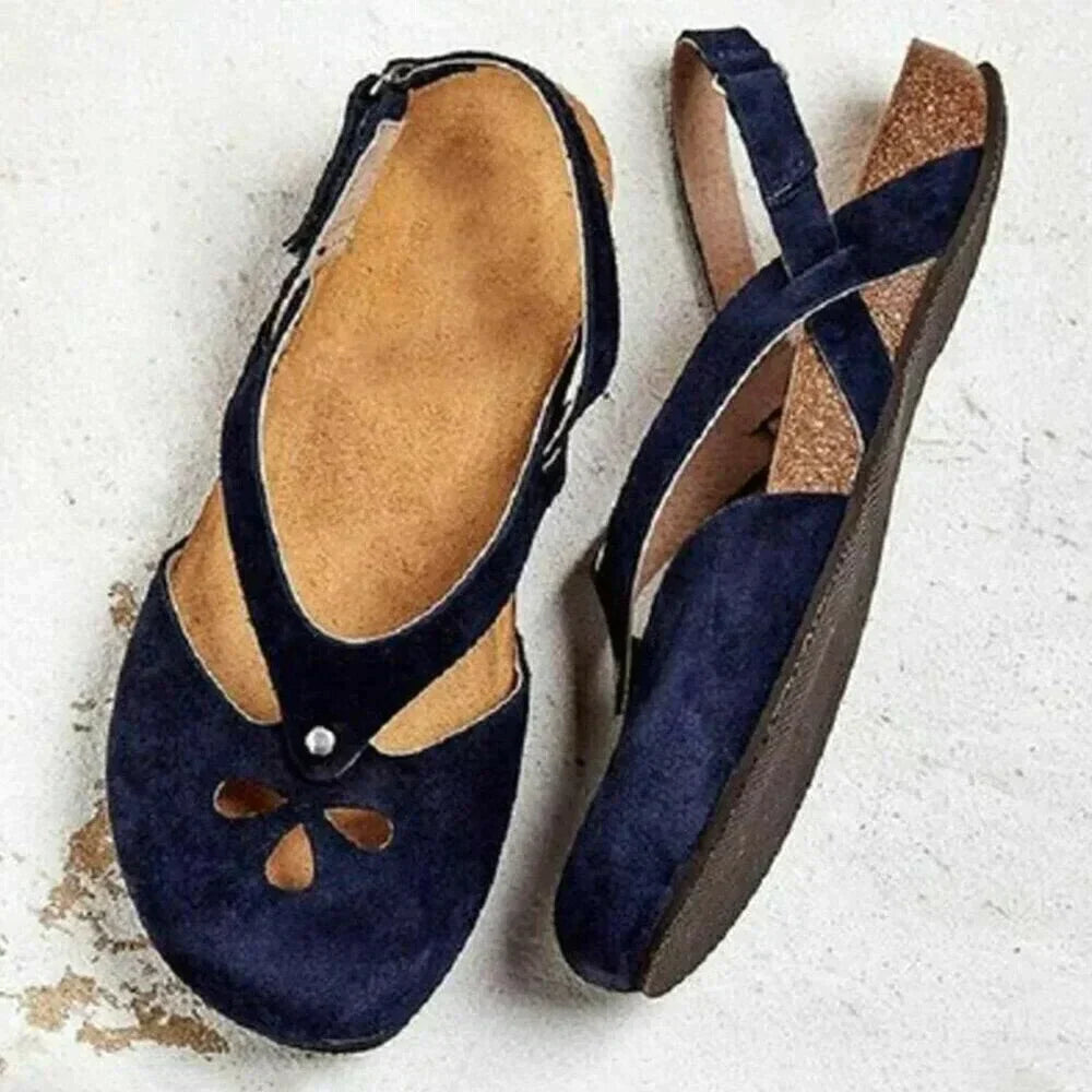 Women's Summer Suede Flat Sandals with Cutout Detail and Cross Straps