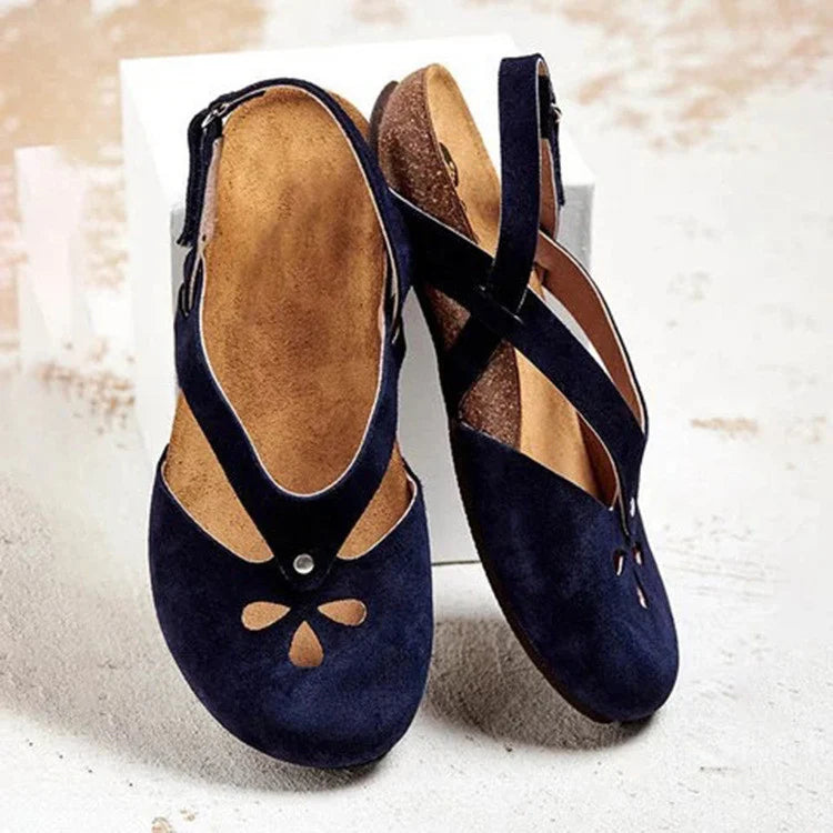 Women's Summer Suede Flat Sandals with Cutout Detail and Cross Straps