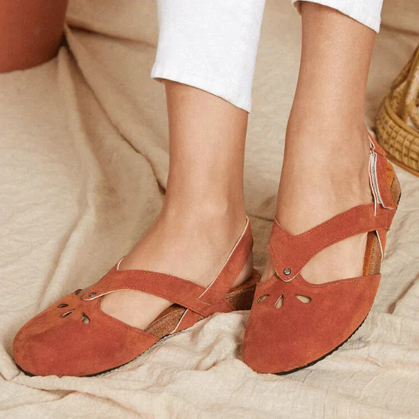 Women's Summer Suede Flat Sandals with Cutout Detail and Cross Straps
