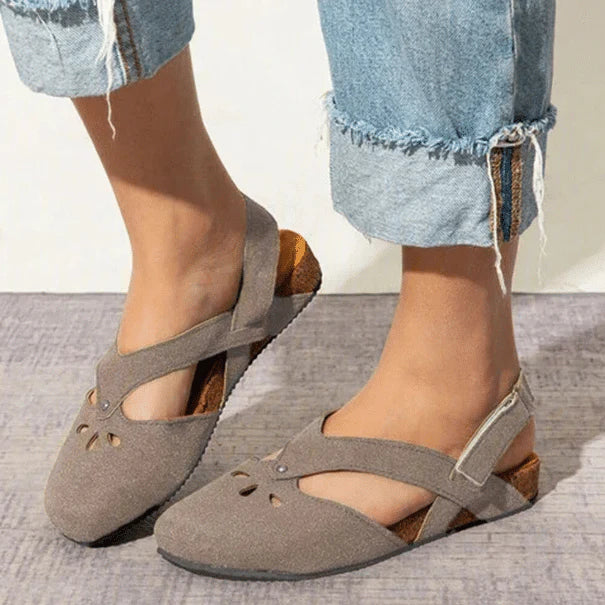 Women's Summer Suede Flat Sandals with Cutout Detail and Cross Straps