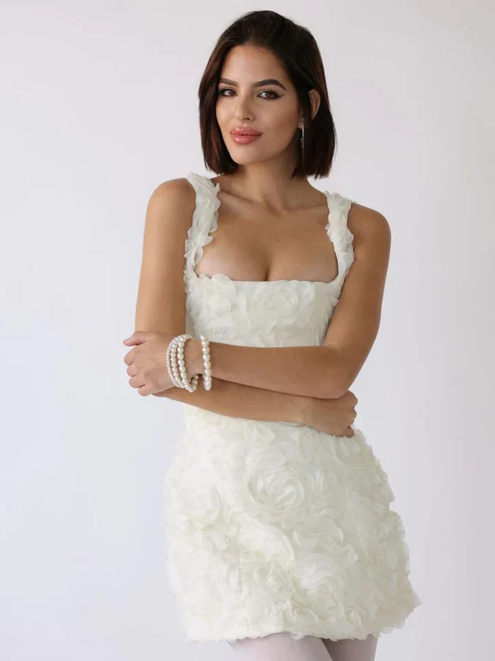 Women's Summer Mini Dress with Textured Floral and Square Neckline