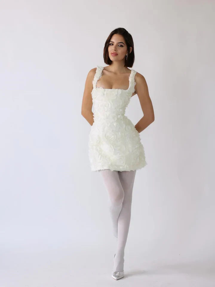 Women's Summer Mini Dress with Textured Floral and Square Neckline