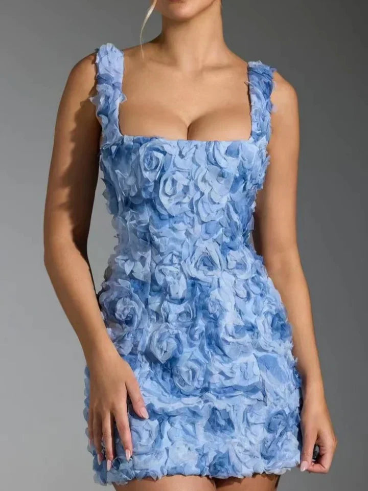 Women's Summer Mini Dress with Textured Floral and Square Neckline