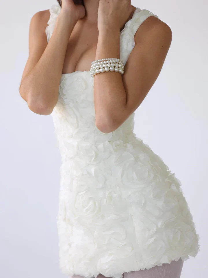 Women's Summer Mini Dress with Textured Floral and Square Neckline