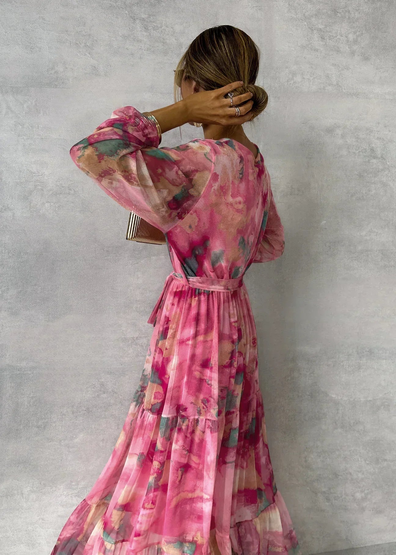 Women's Summer Floral Wrap Dress with Belt and Long Sleeves