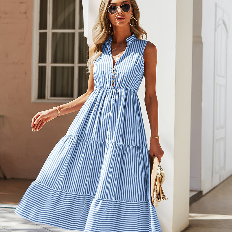 Women's Summer Layered Midi Dress with Buttons and Striped Print