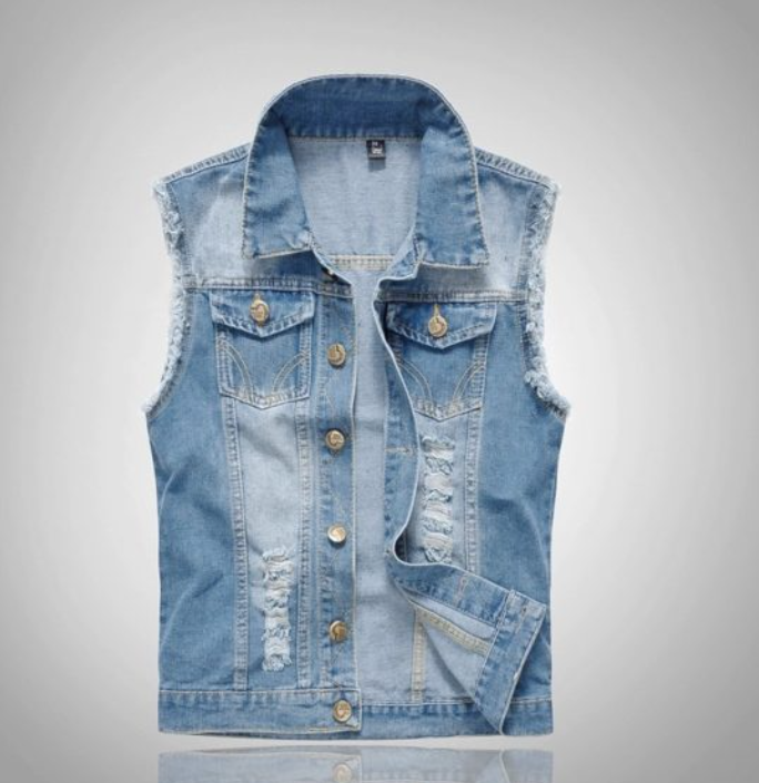 Men's Denim Vest with Gold Buttons and Ripped Style