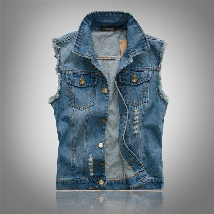 Men's Denim Vest with Gold Buttons and Ripped Style