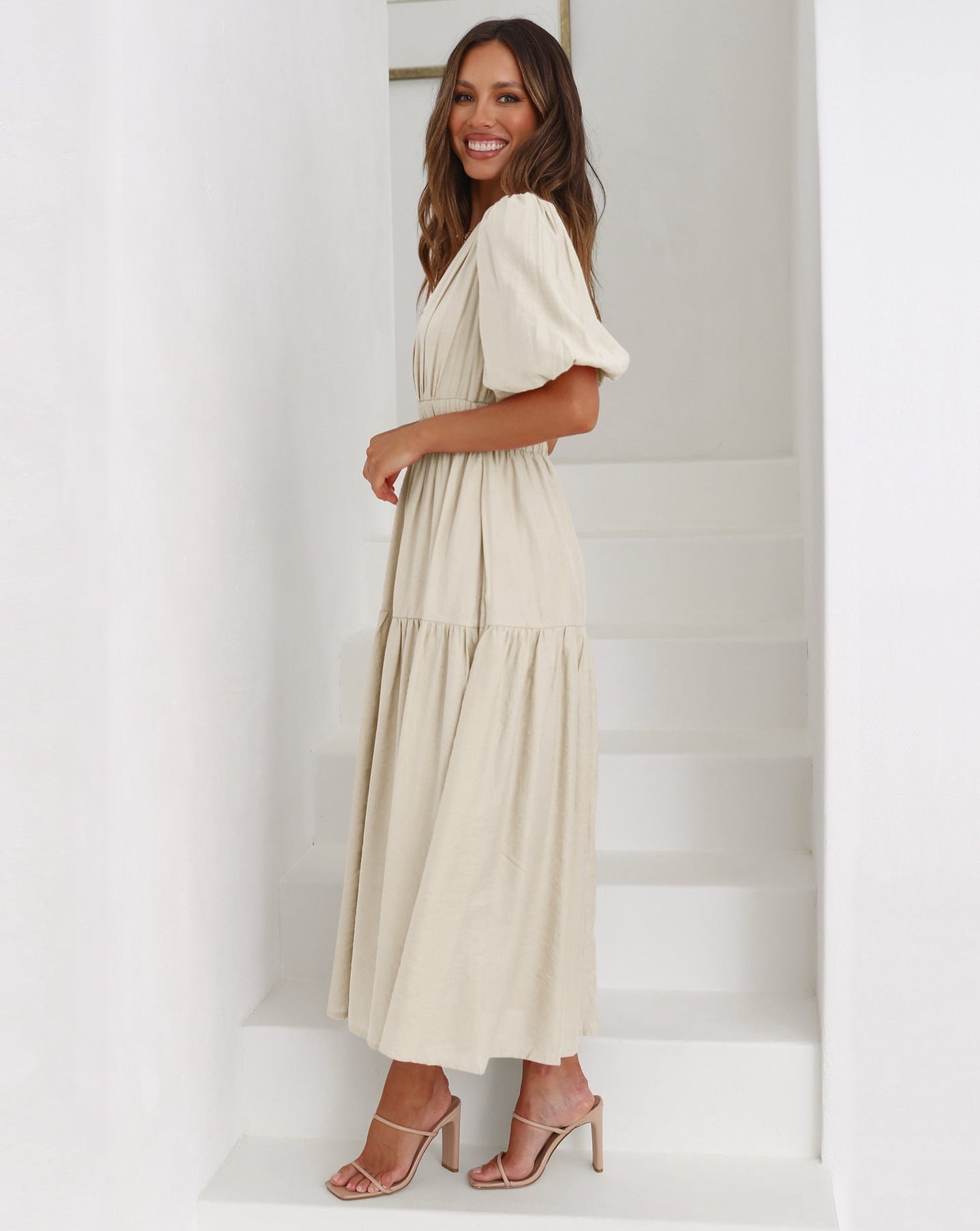 Women's Summer Maxi Dress with V-neck and Elastic Waist