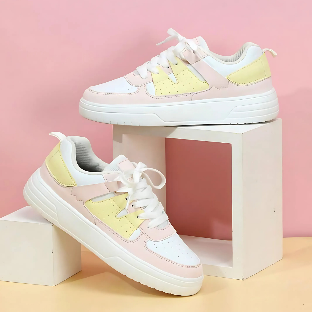 Women's Platform Sneakers with Color Block Panels and Lace-Up