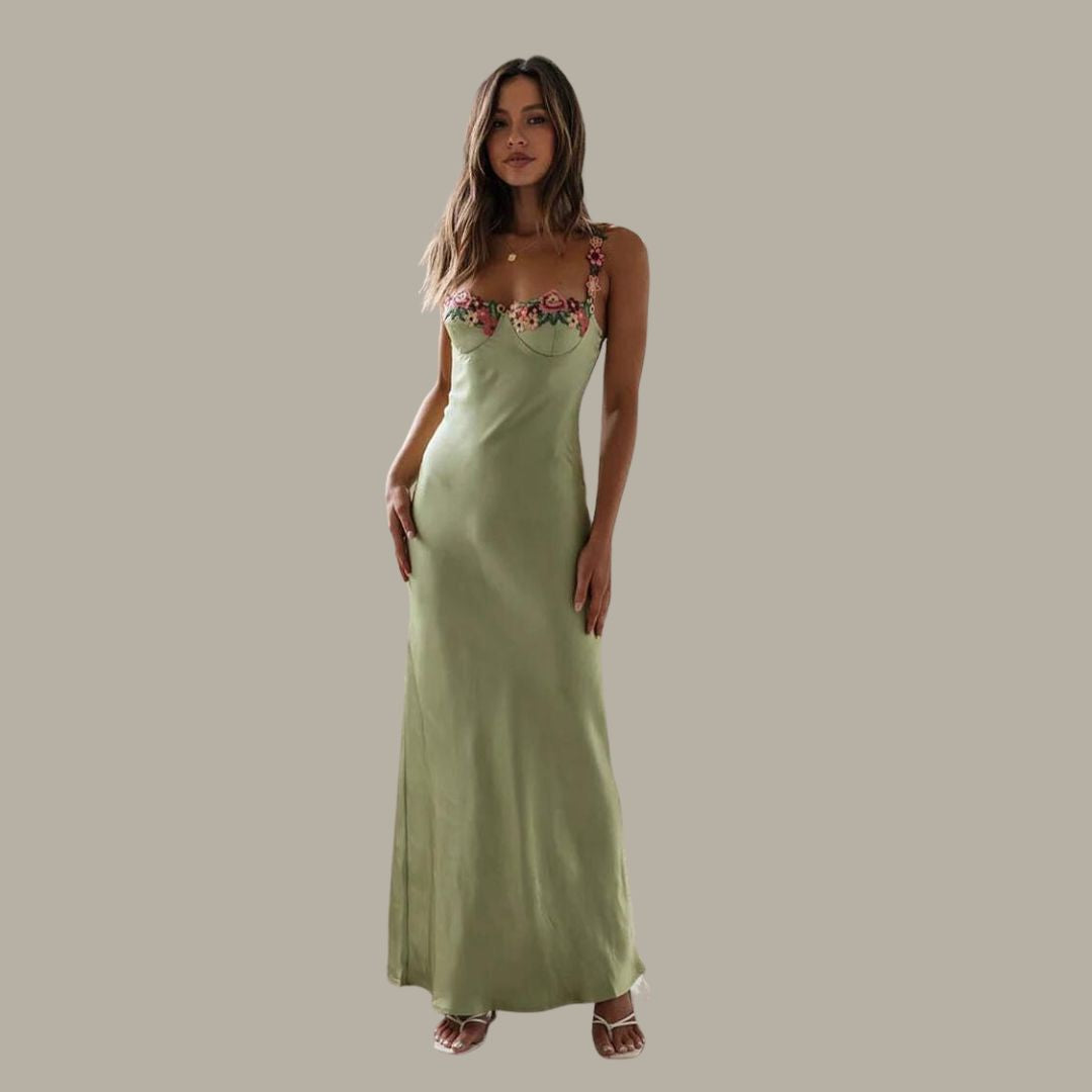Women's Summer Maxi Dress with Floral Line and Sleeveless