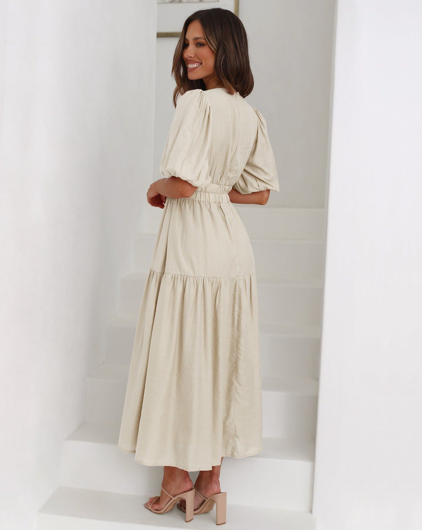 Women's Summer Maxi Dress with V-neck and Elastic Waist