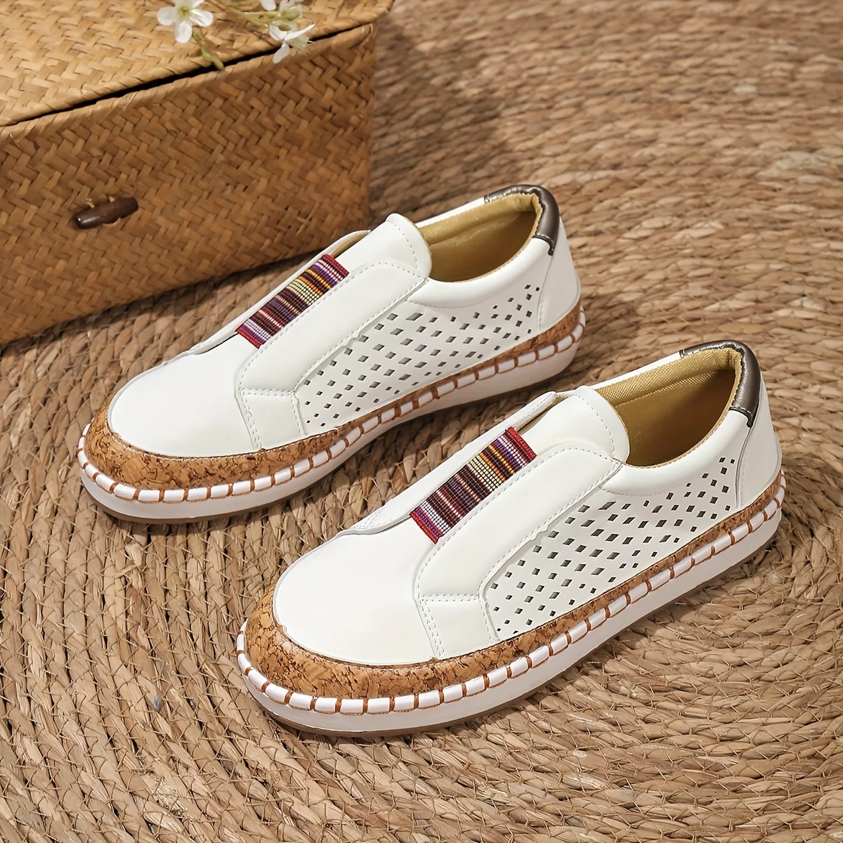 Women's Slip-On Loafers with Multicolor Elastic Band and Perforated Detail