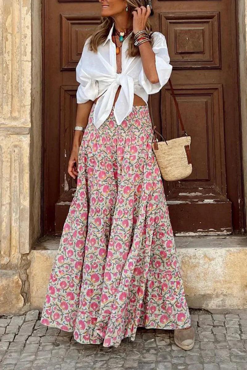 Women's Summer Floral Maxi Skirt with Elastic Waist