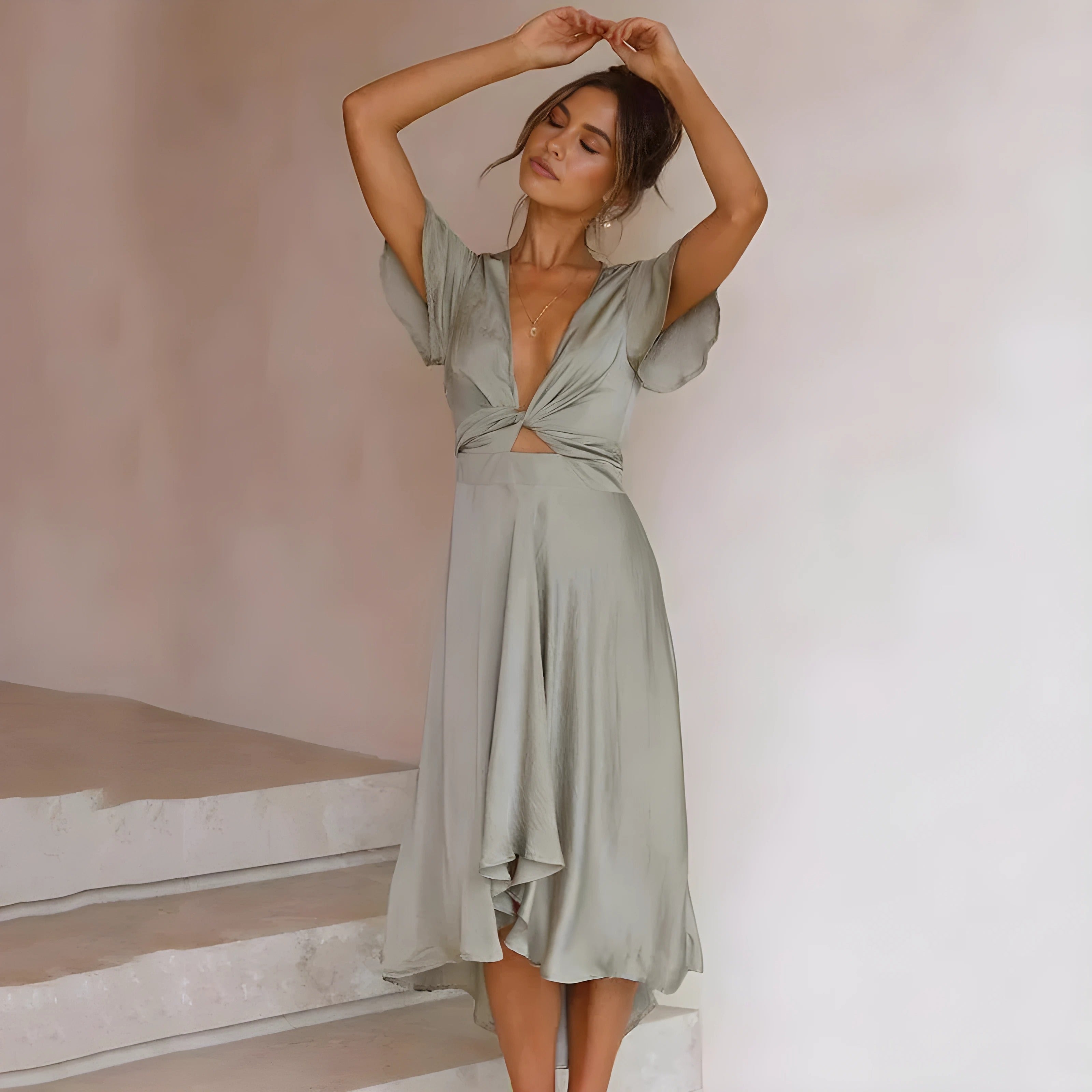 Women's Summer Midi Wrap Dress with V-Neckline and Tie-Back