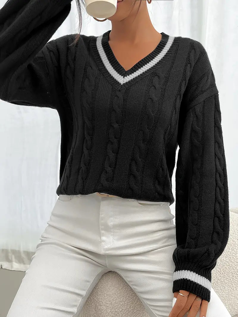 Contrast Trim Cable Knitted Sweater