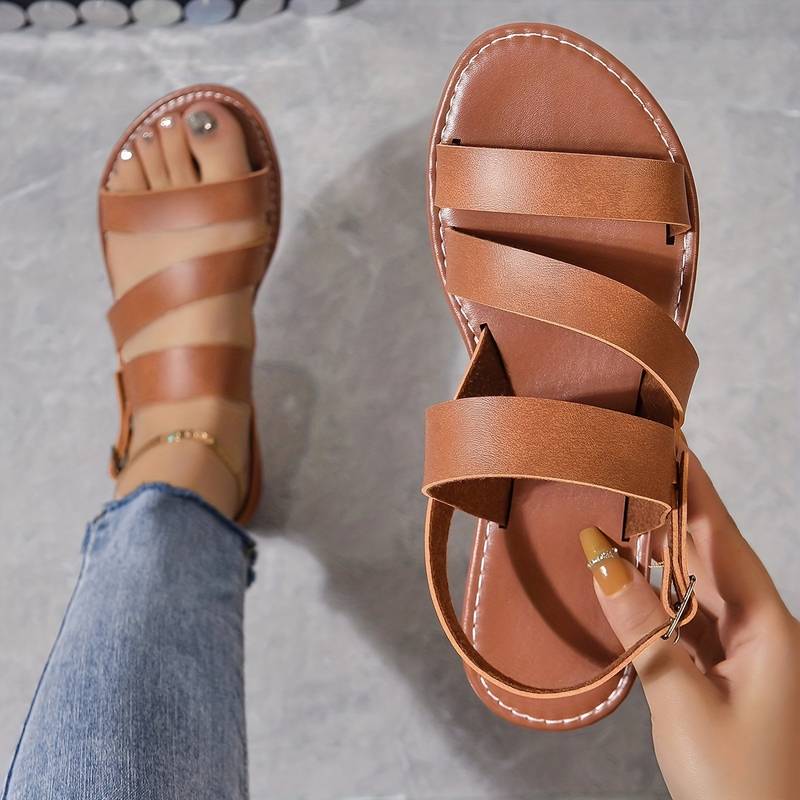 Women's Summer Vegan Leather Flat Sandals with Three Straps Style