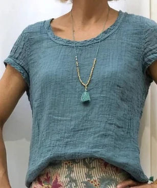 Women's Summer Plain Shirt with Roundneck and Short Sleeves