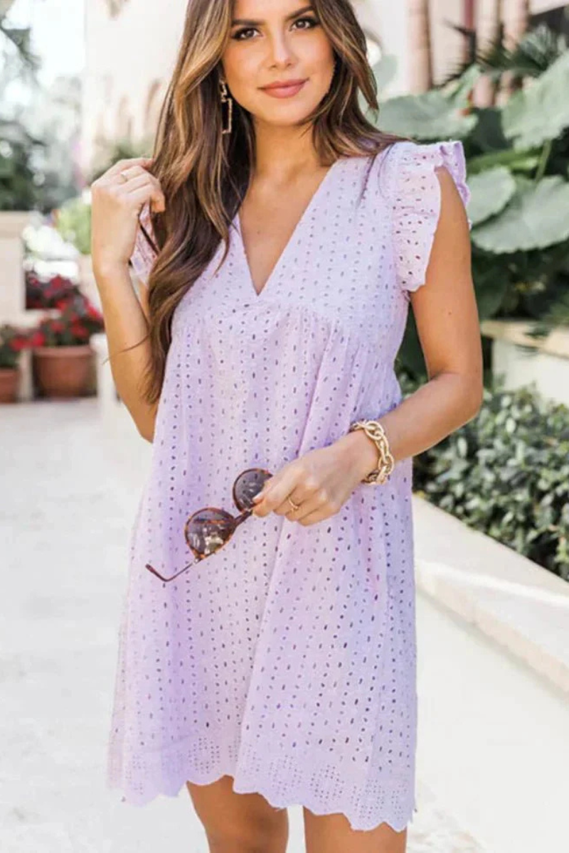 Women's Summer Eyelet Mini Dress with V-neckline and Sleeveless