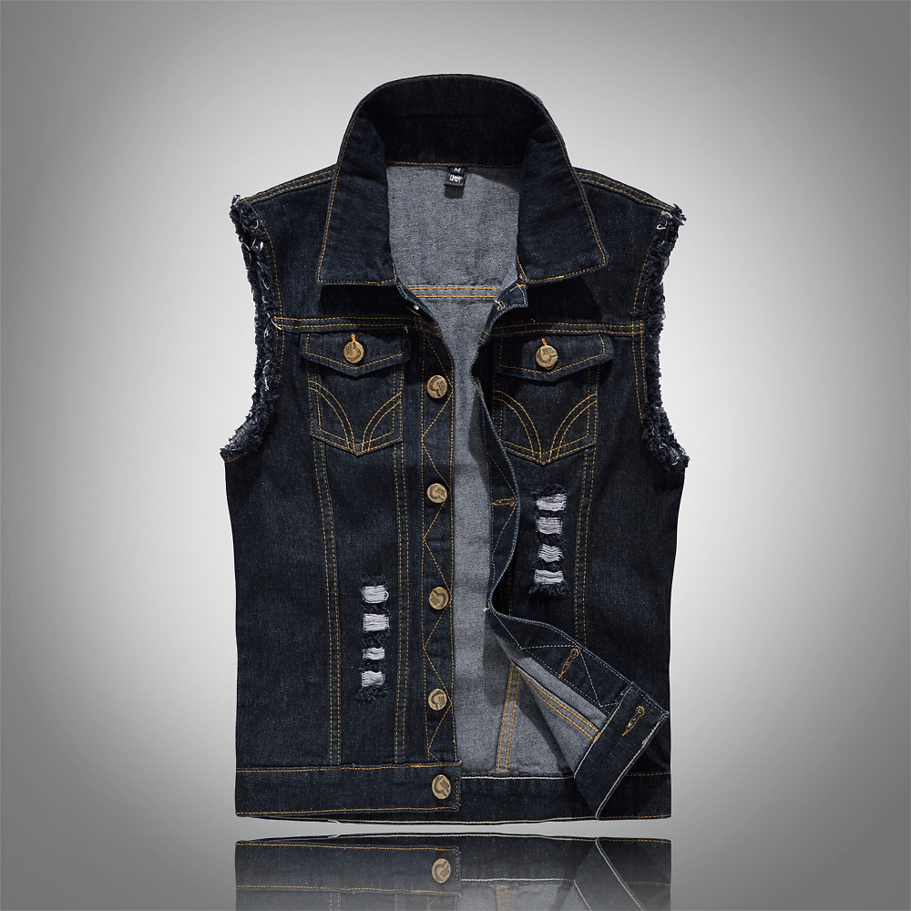 Men's Denim Vest with Gold Buttons and Ripped Style