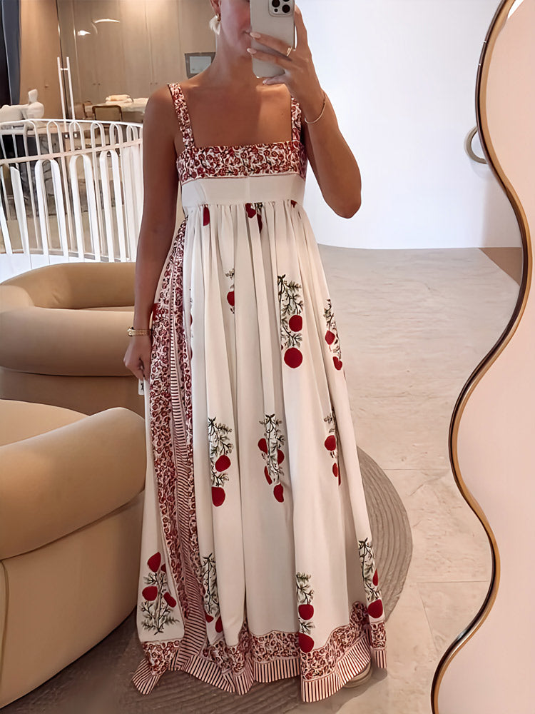 Women' Summer Floral Maxi Dress with Square Neckline and Sleeveless