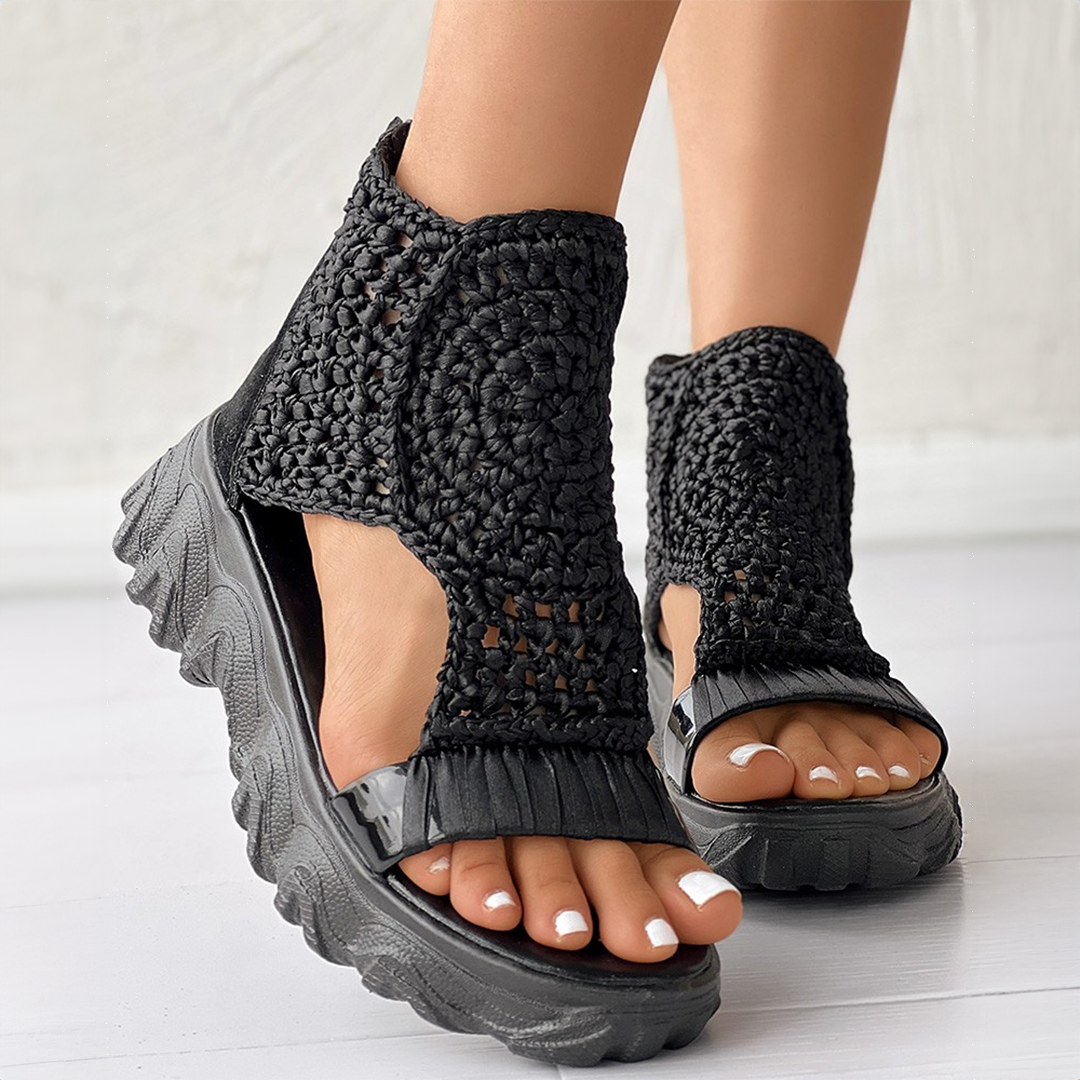 Women's Summer Open-Toe Platform Sandals with Knitted Upper and Thick Sole