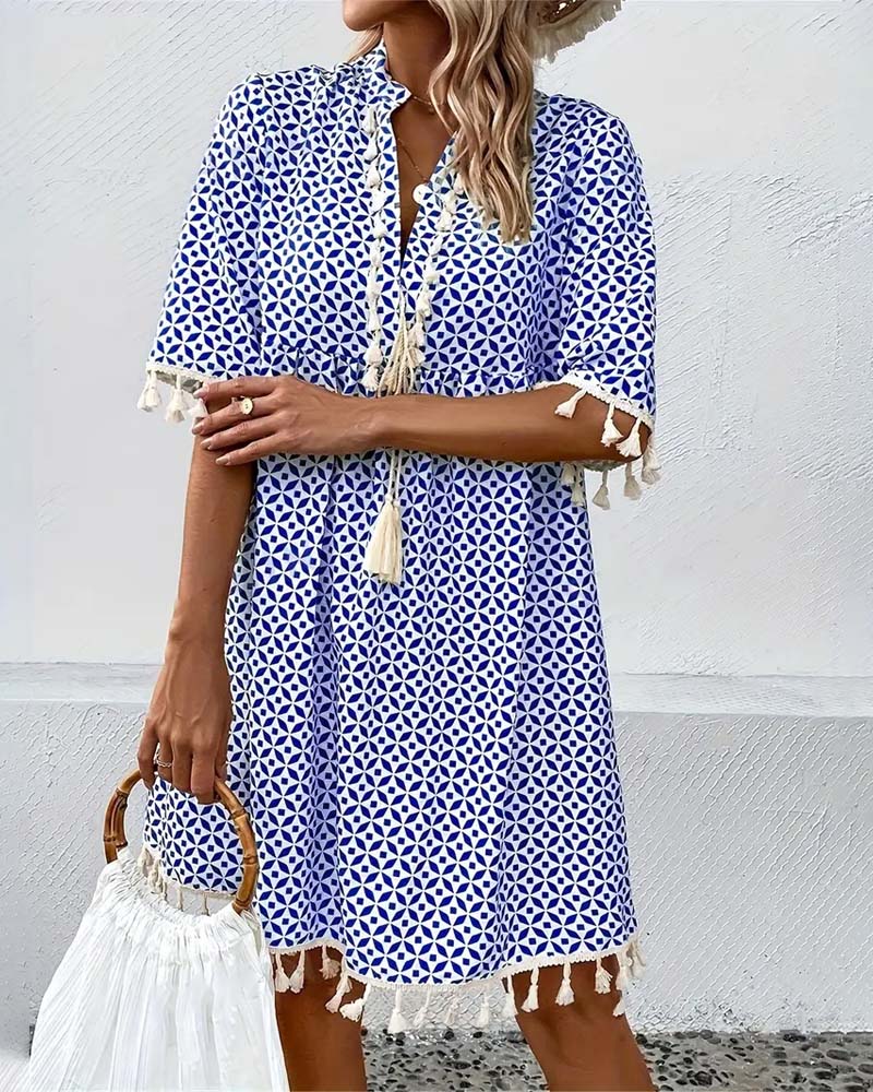 Women's Summer Printed Mini Dress with Tassels and Short Sleeves