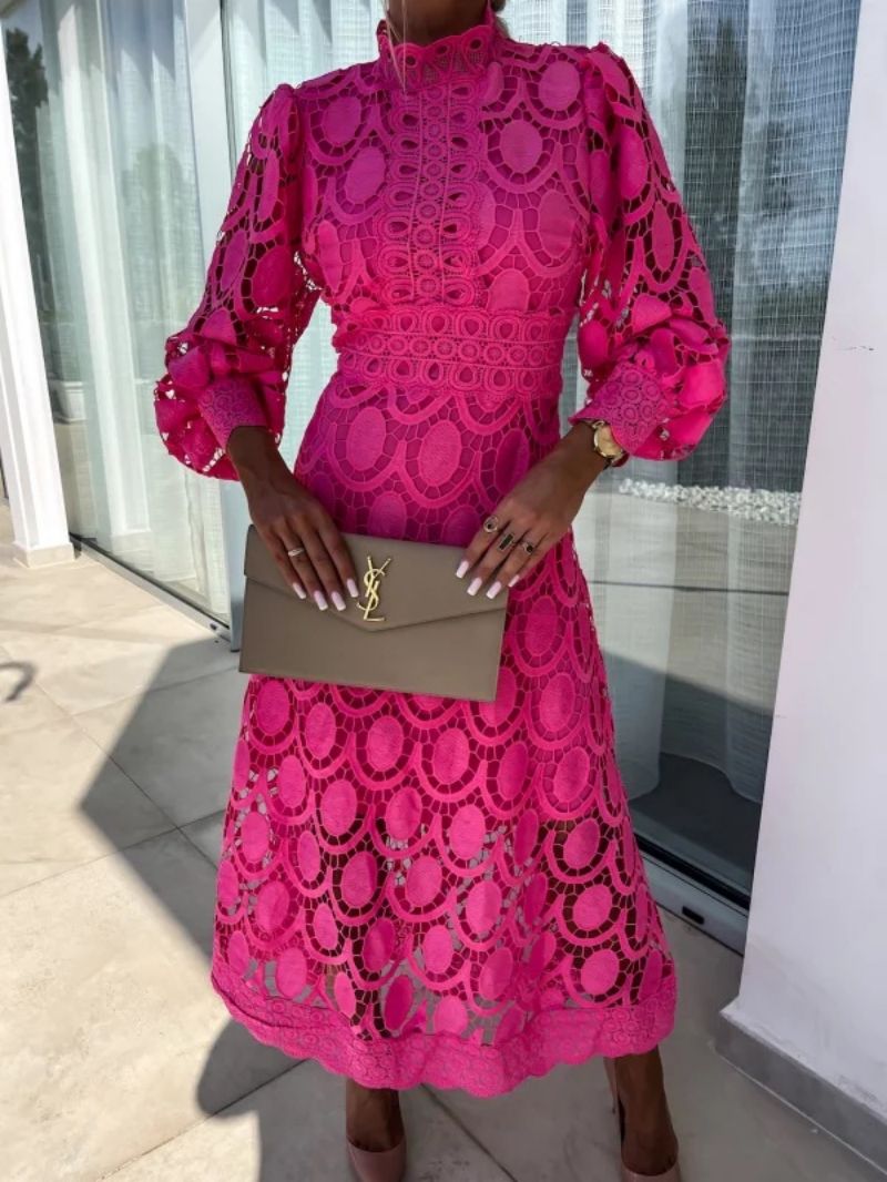 Women's Summer Lace Dress with Puff Sleeves and High Neck