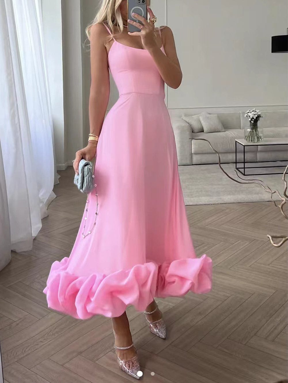 Women's Summer Formal Dress with Thin Strap and Ruffled Hem