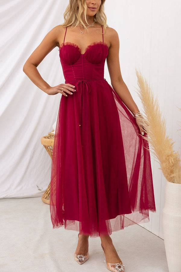 Women's Summer Corset Midi Dress with Tulle Skirt and Spaghetti Straps