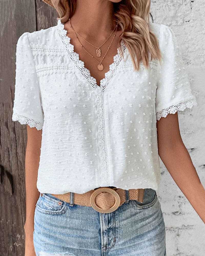 Women's Summer Embroidered Blouse with V-neck and Laces