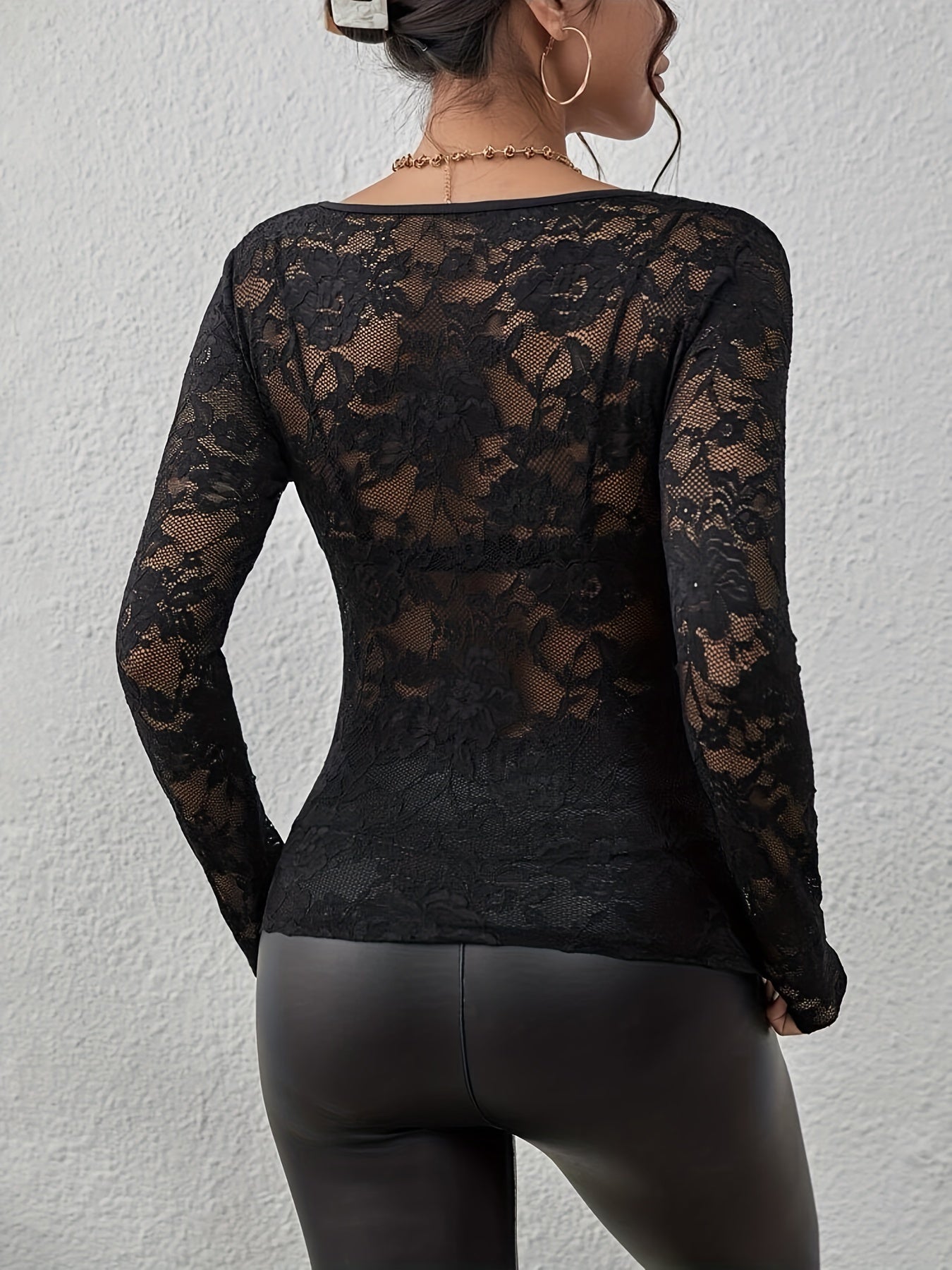 Women's Lace Blouse with Long Sleeve and Sheer Details