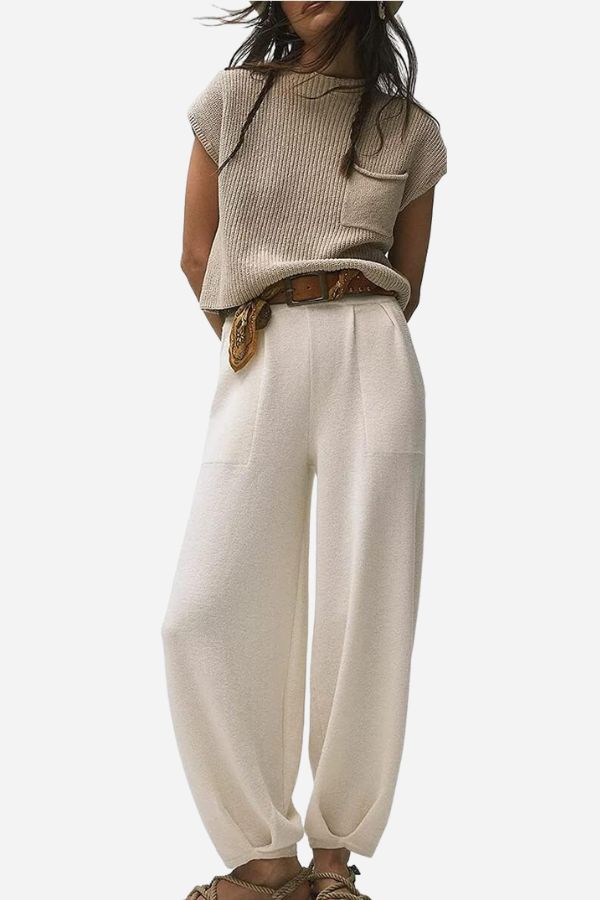 Women's Two Piece Set with Knitted Blouse and Pants