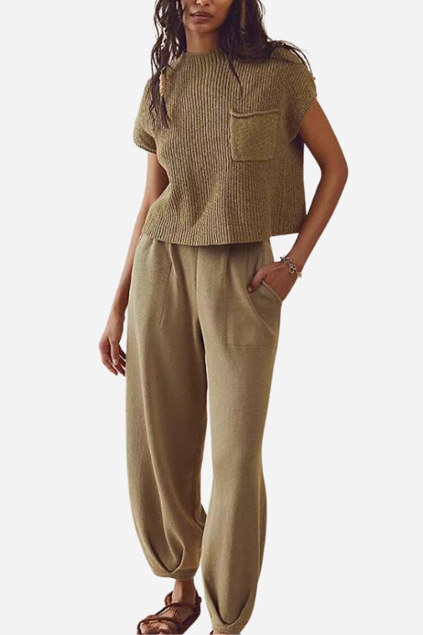 Women's Two Piece Set with Knitted Blouse and Pants