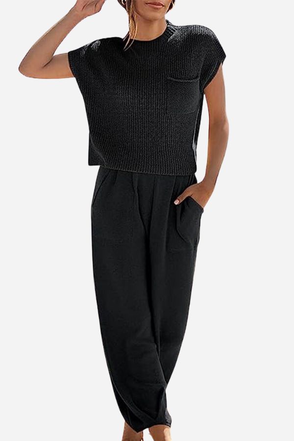 Women's Two Piece Set with Knitted Blouse and Pants