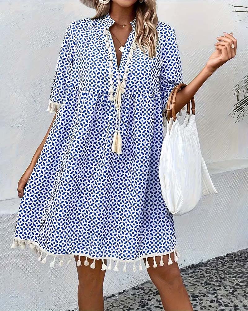 Women's Summer Printed Mini Dress with Tassels and Short Sleeves