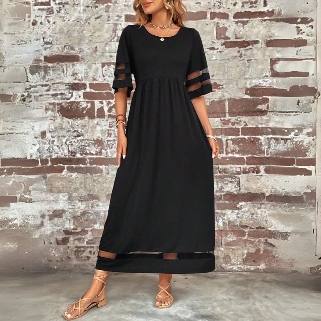 Women's Summer Maxi Dress with Half Sleeves and See Through Style