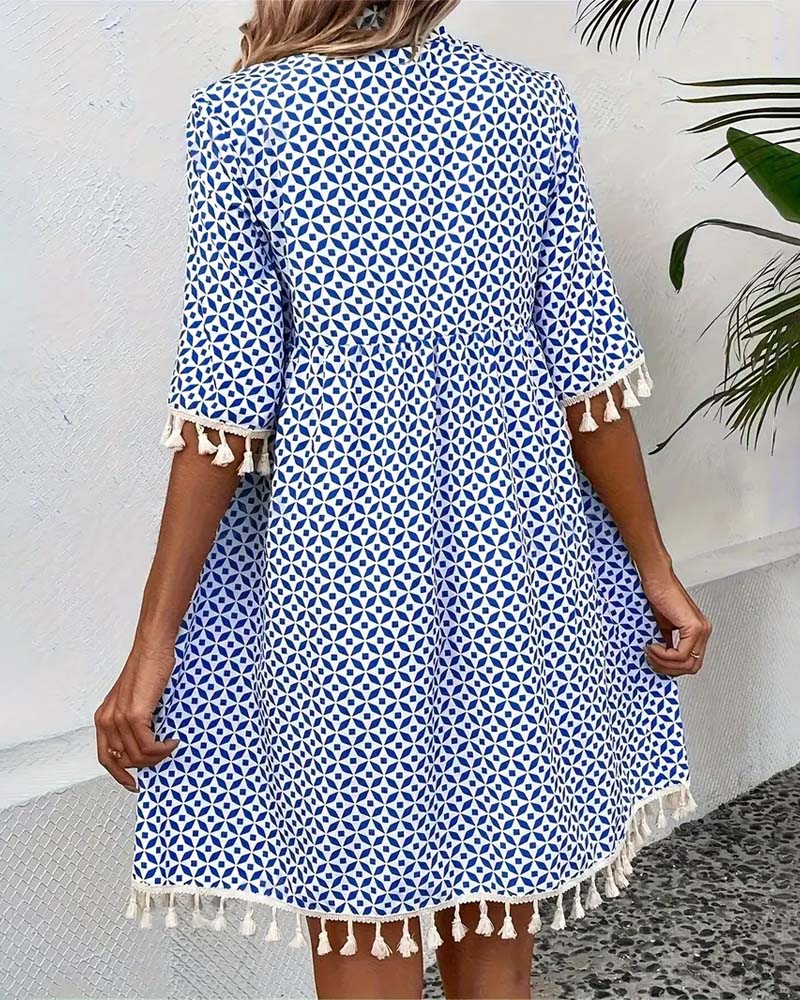 Women's Summer Printed Mini Dress with Tassels and Short Sleeves