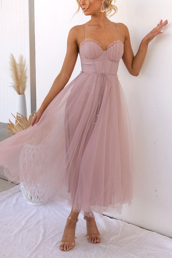 Women's Summer Corset Midi Dress with Tulle Skirt and Spaghetti Straps