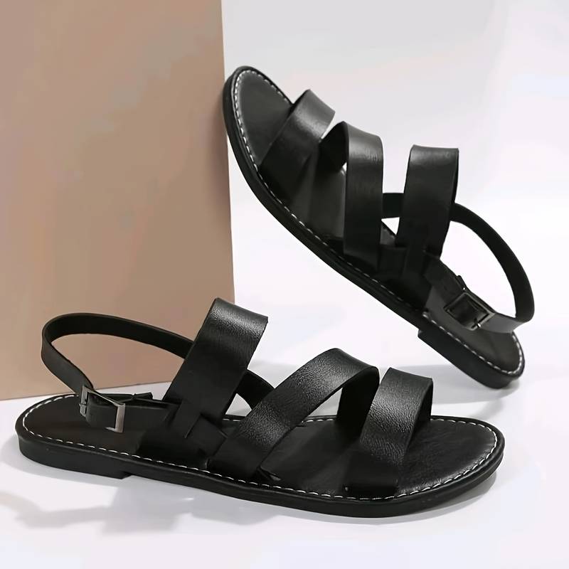 Women's Summer Vegan Leather Flat Sandals with Three Straps Style