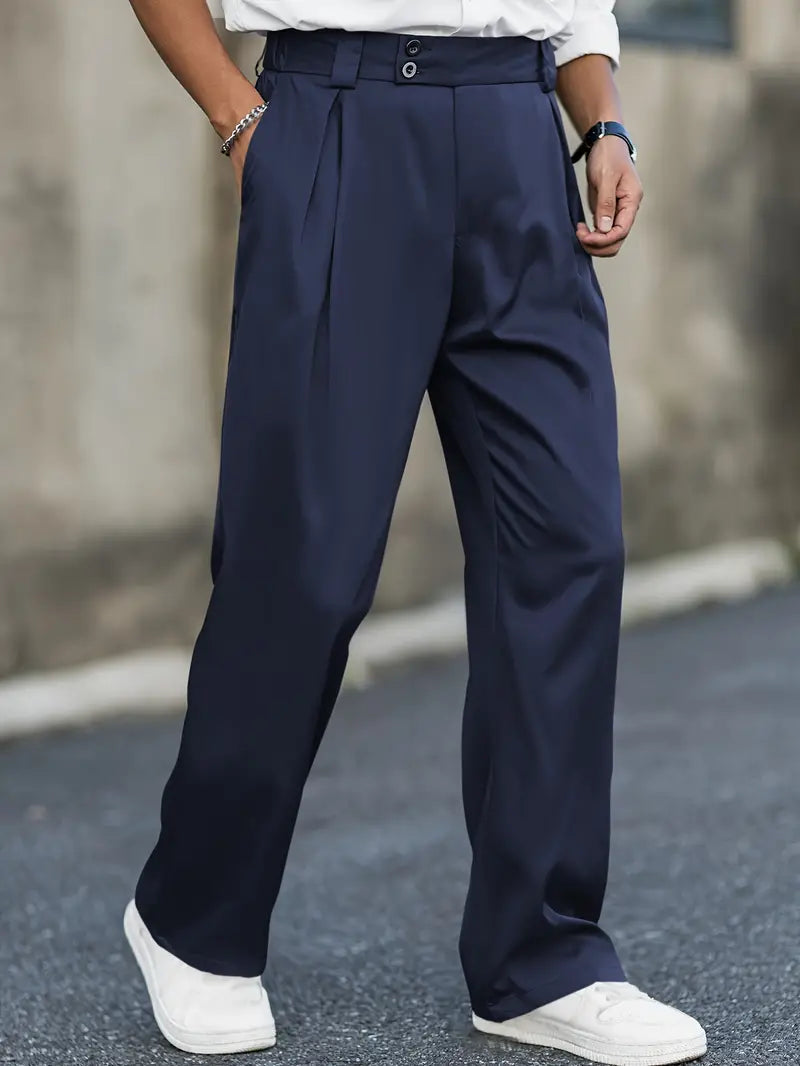 Men's Pleated Wide-Leg Trousers with Double Button Waistband
